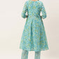 Party Wear Kurti Cotton Aqua Blue Print Kurtis