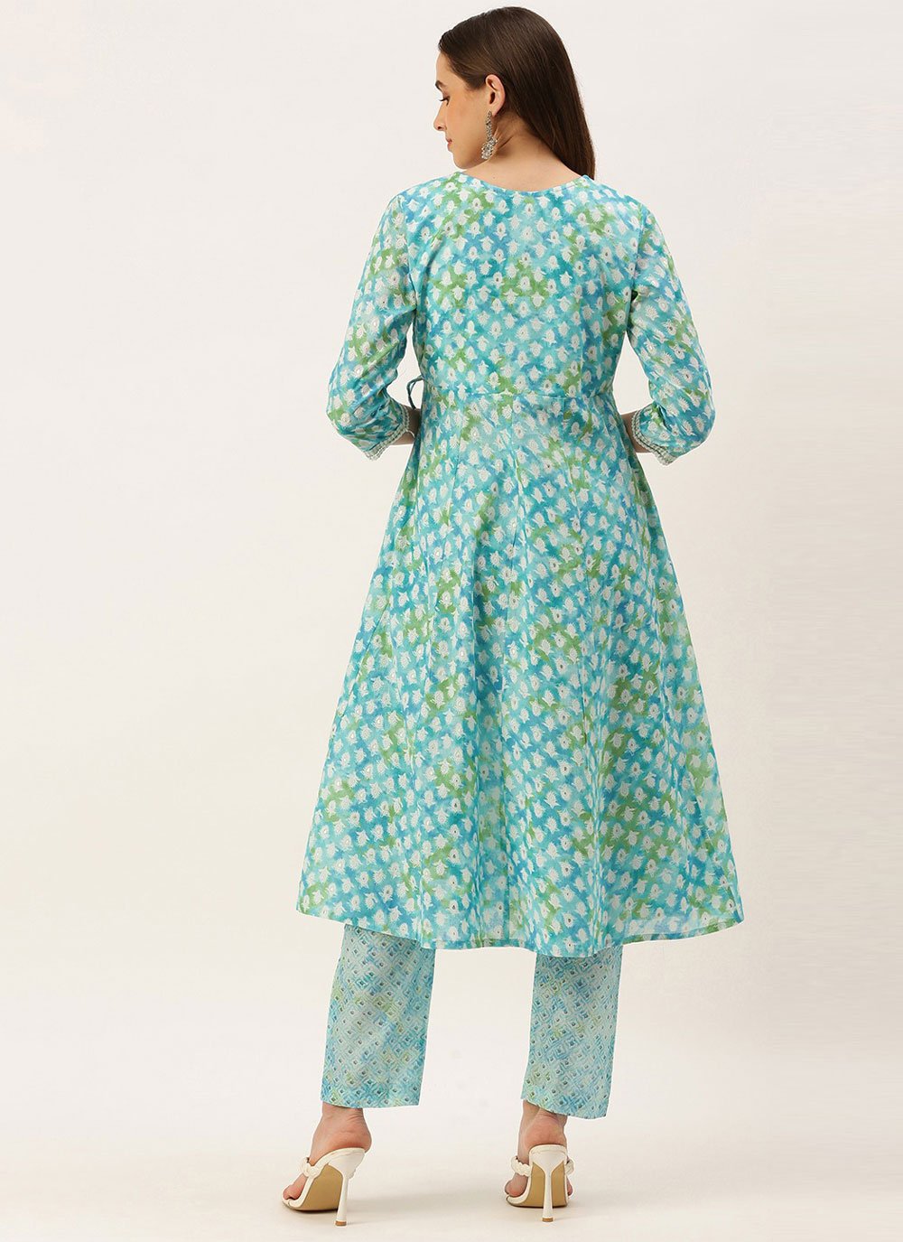 Party Wear Kurti Cotton Aqua Blue Print Kurtis