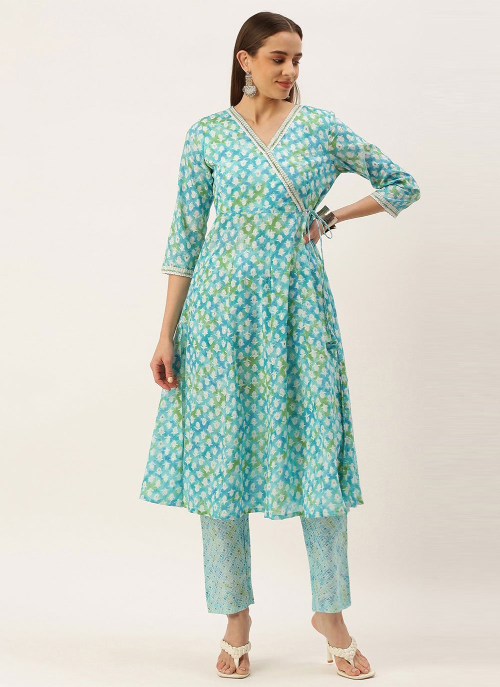 Party Wear Kurti Cotton Aqua Blue Print Kurtis