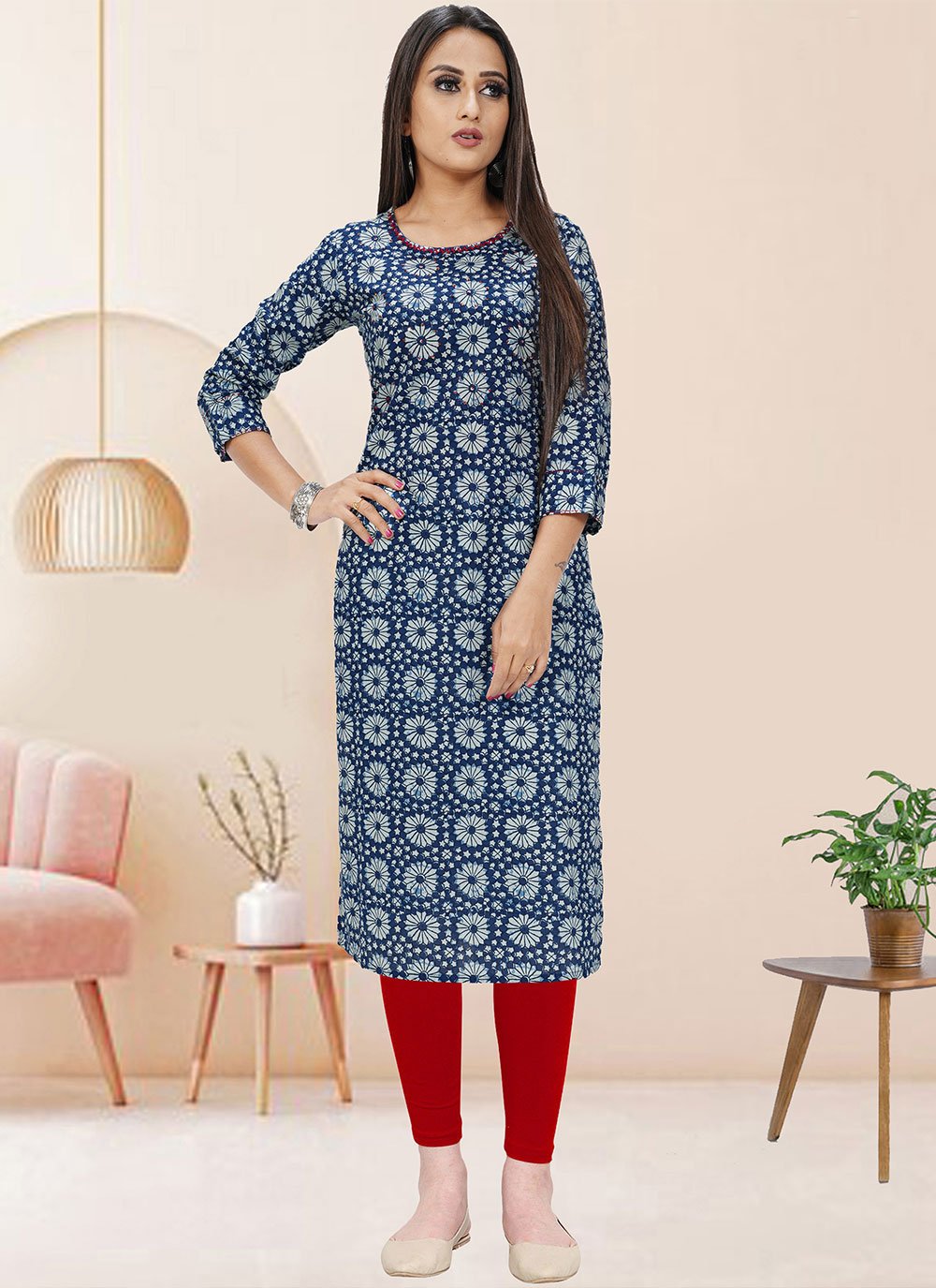 Designer Kurti Cotton Blue Print Kurtis