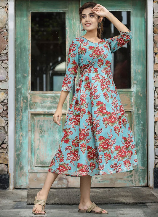 Party Wear Kurti Cotton Blue Print Kurtis