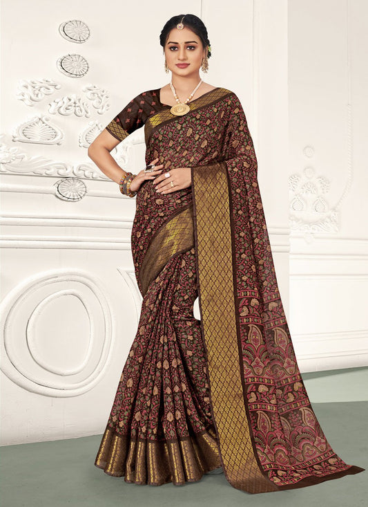 Traditional Saree Cotton Brown Print Saree