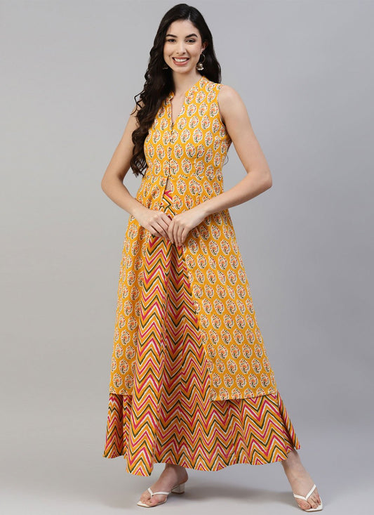 Casual Kurti Cotton Yellow Print Kurtis