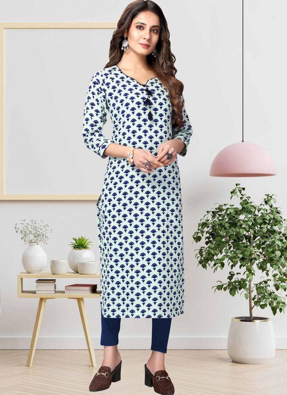 Casual Kurti Cotton Aqua Blue Print Kurtis