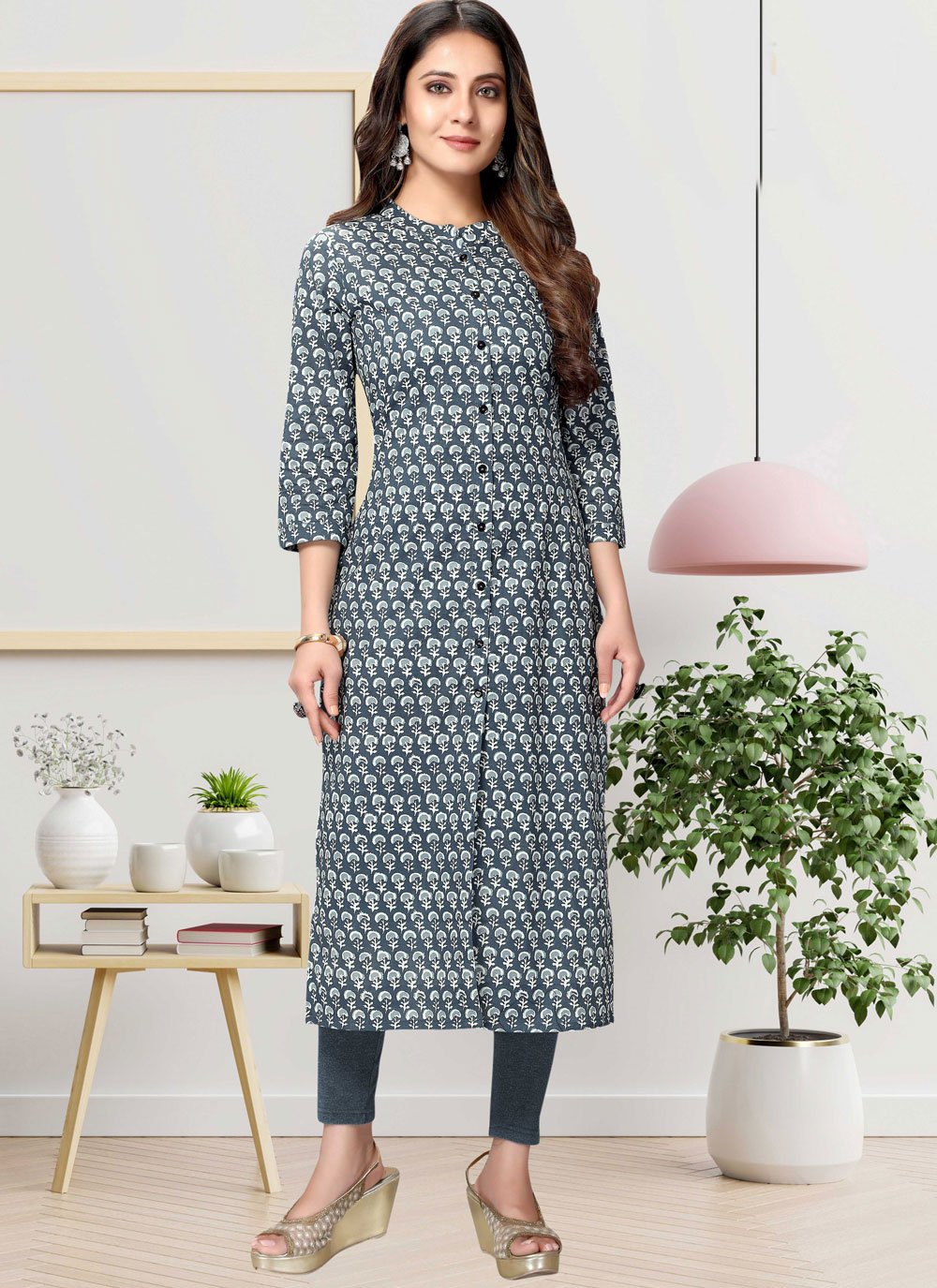 Casual Kurti Cotton Grey Print Kurtis