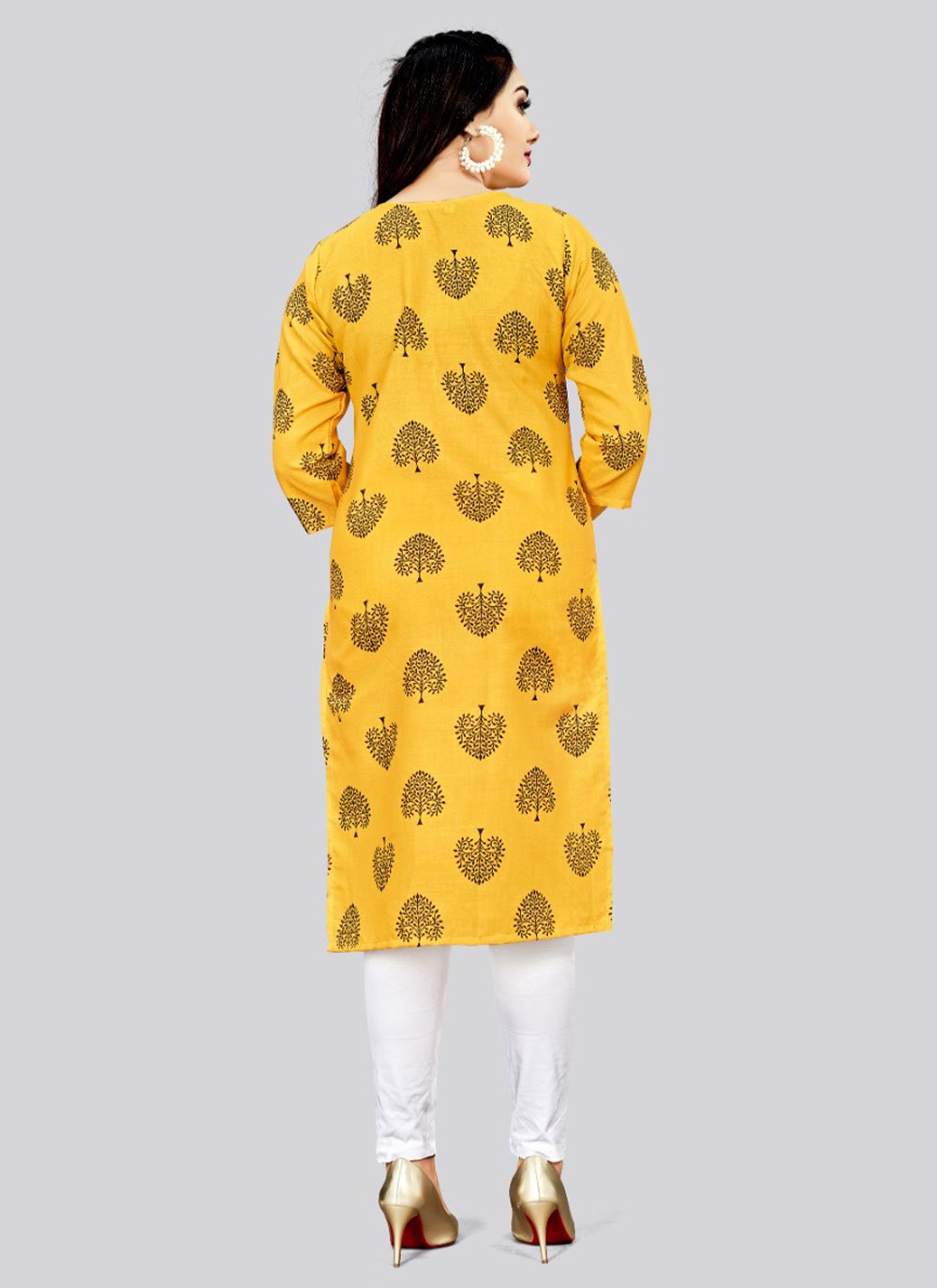 Casual Kurti Cotton Yellow Print Kurtis