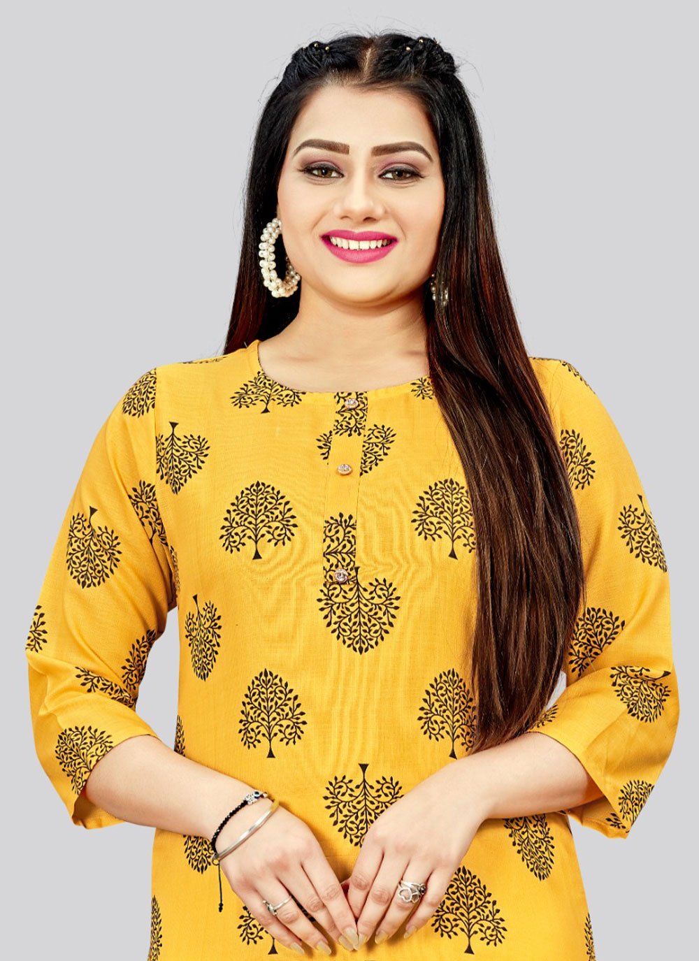 Casual Kurti Cotton Yellow Print Kurtis