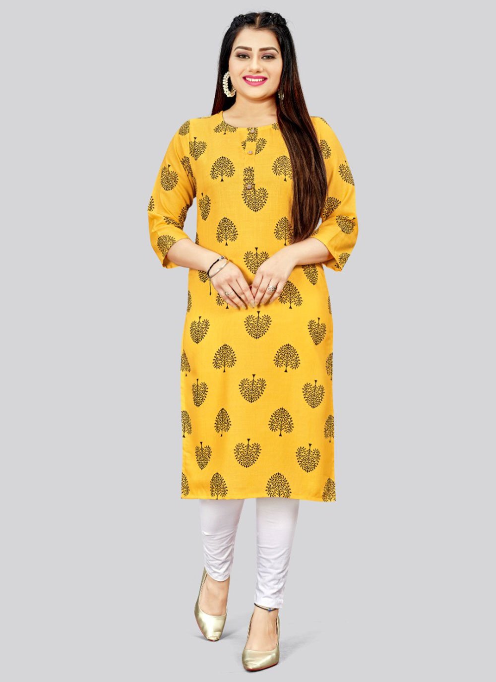 Casual Kurti Cotton Yellow Print Kurtis