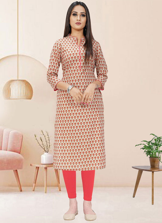 Designer Kurti Cotton Beige Print Kurtis