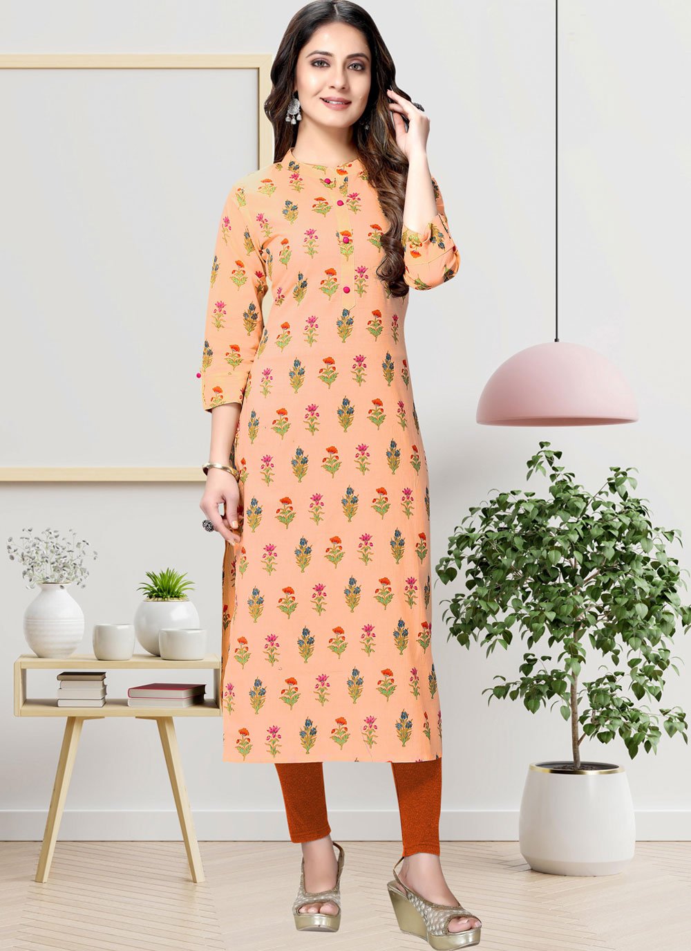 Designer Kurti Cotton Peach Print Kurtis