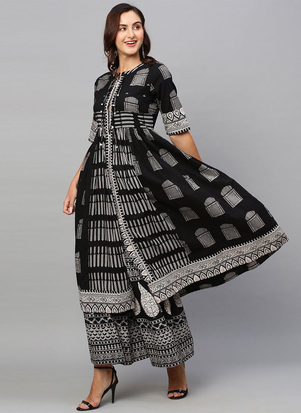 Floor Length Kurti Cotton Black Print Kurtis