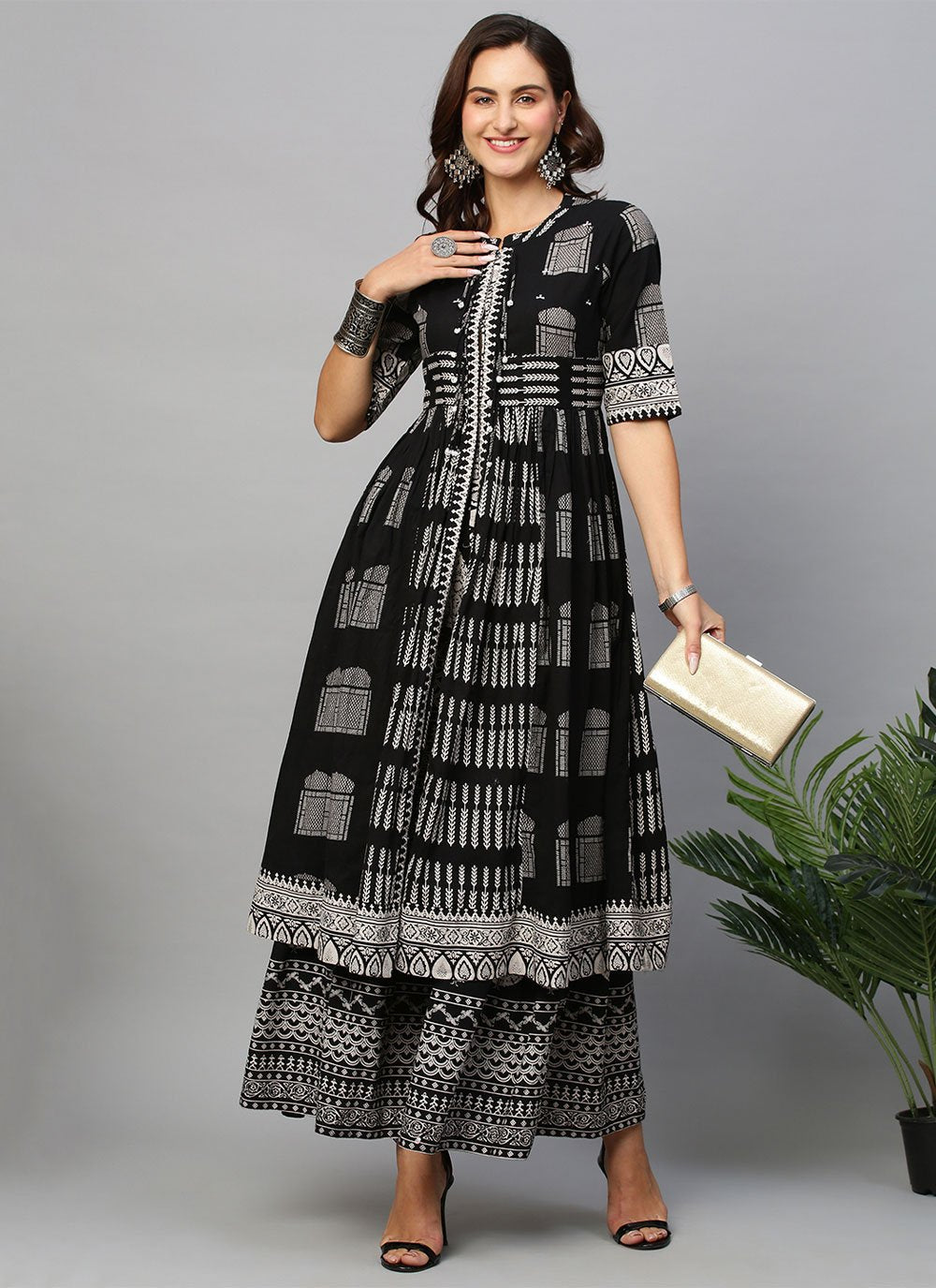 Floor Length Kurti Cotton Black Print Kurtis