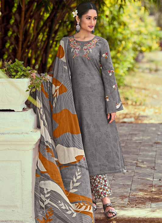 Salwar Suit Cotton Grey Print Salwar Kameez