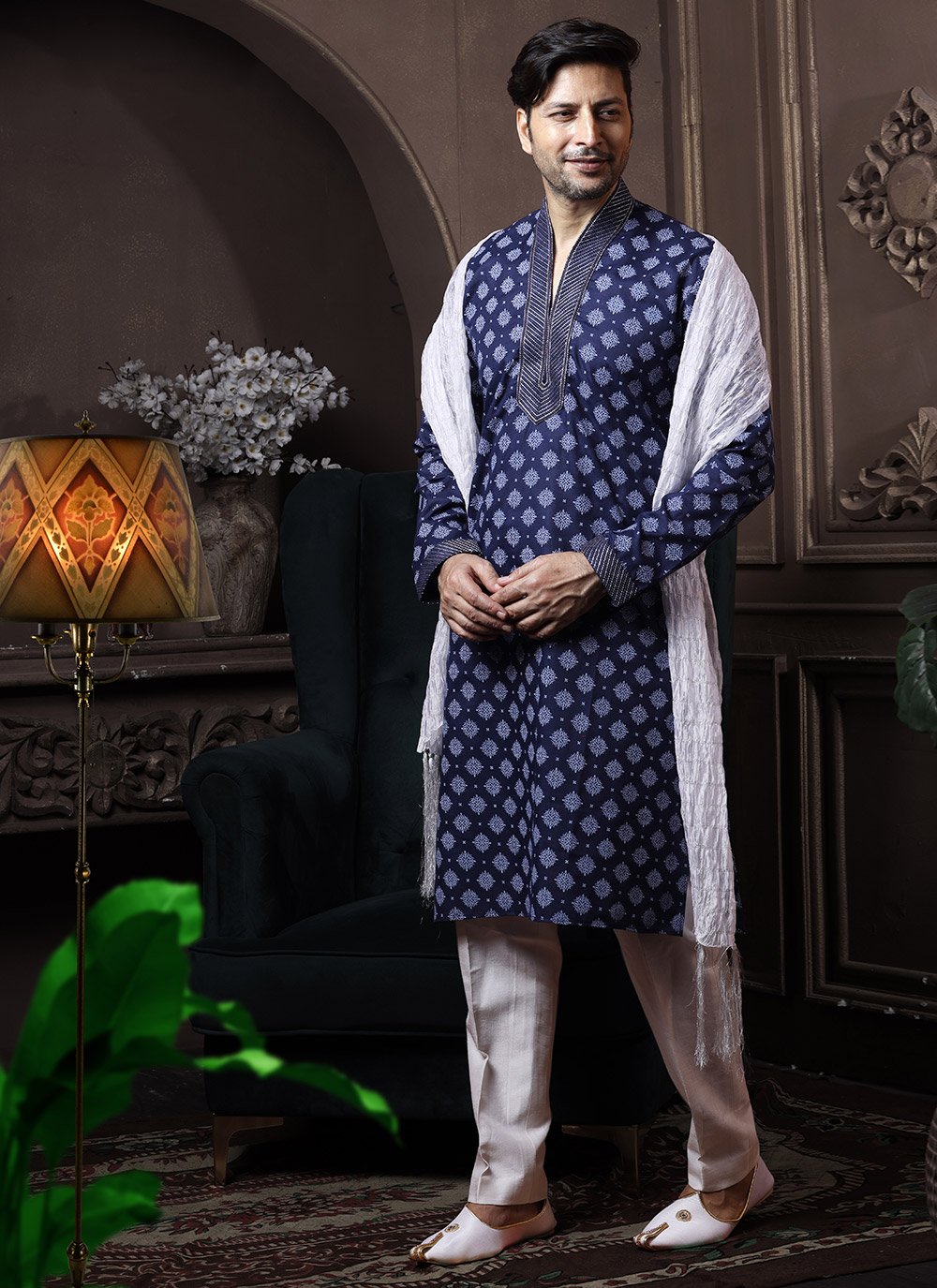 Kurta Pyjama Cotton Blue Print Mens