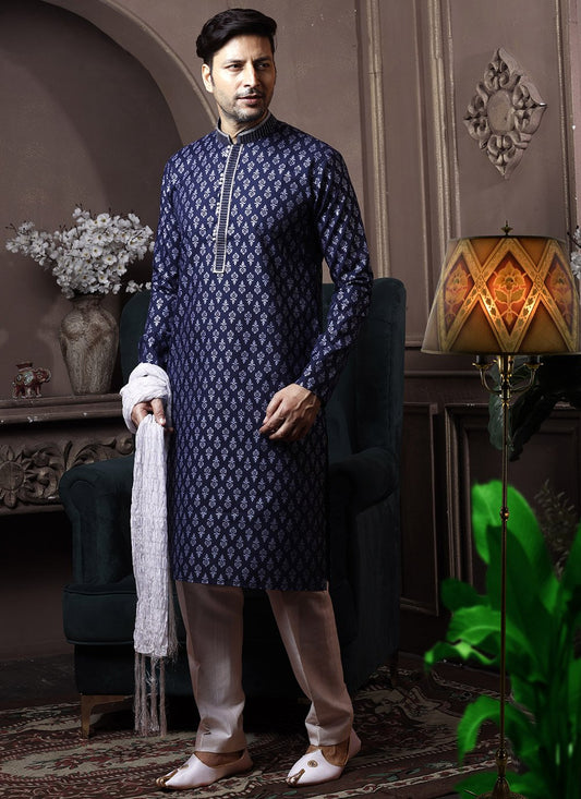 Kurta Pyjama Cotton Blue Print Mens