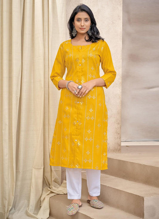 Casual Kurti Cotton Mustard Print Kurtis