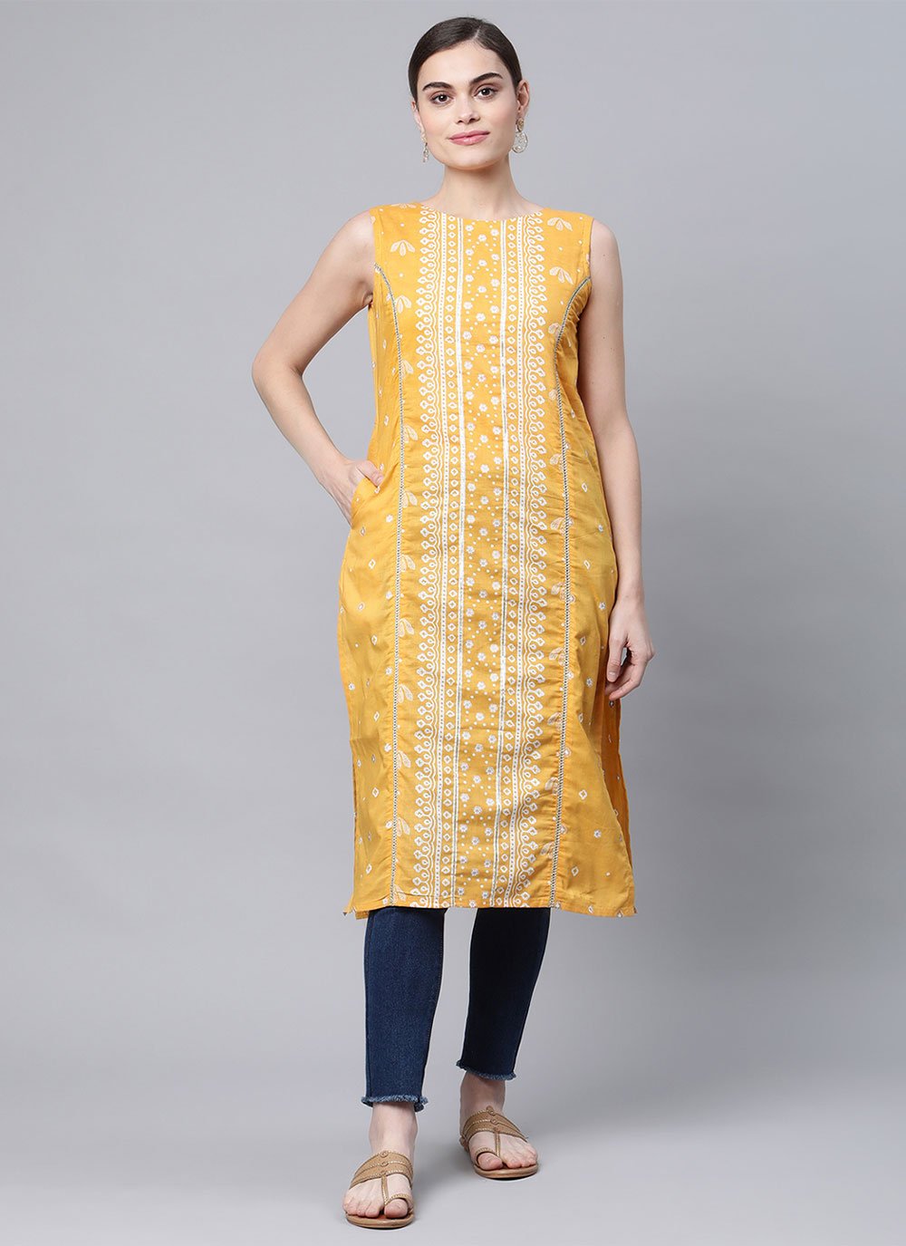 Designer Kurti Cotton Mustard Print Kurtis