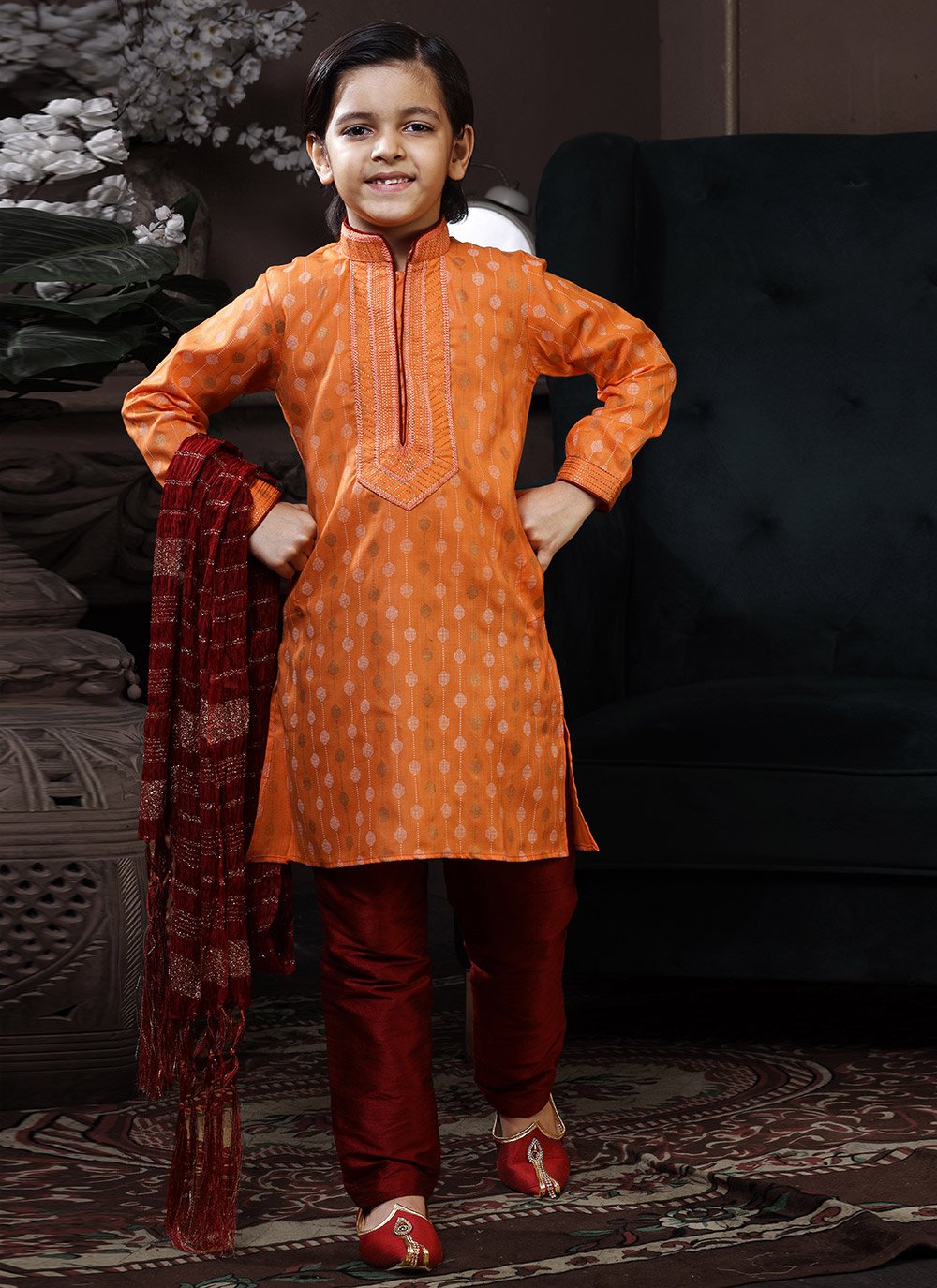 Kurta Pyjama Cotton Orange Print Kids