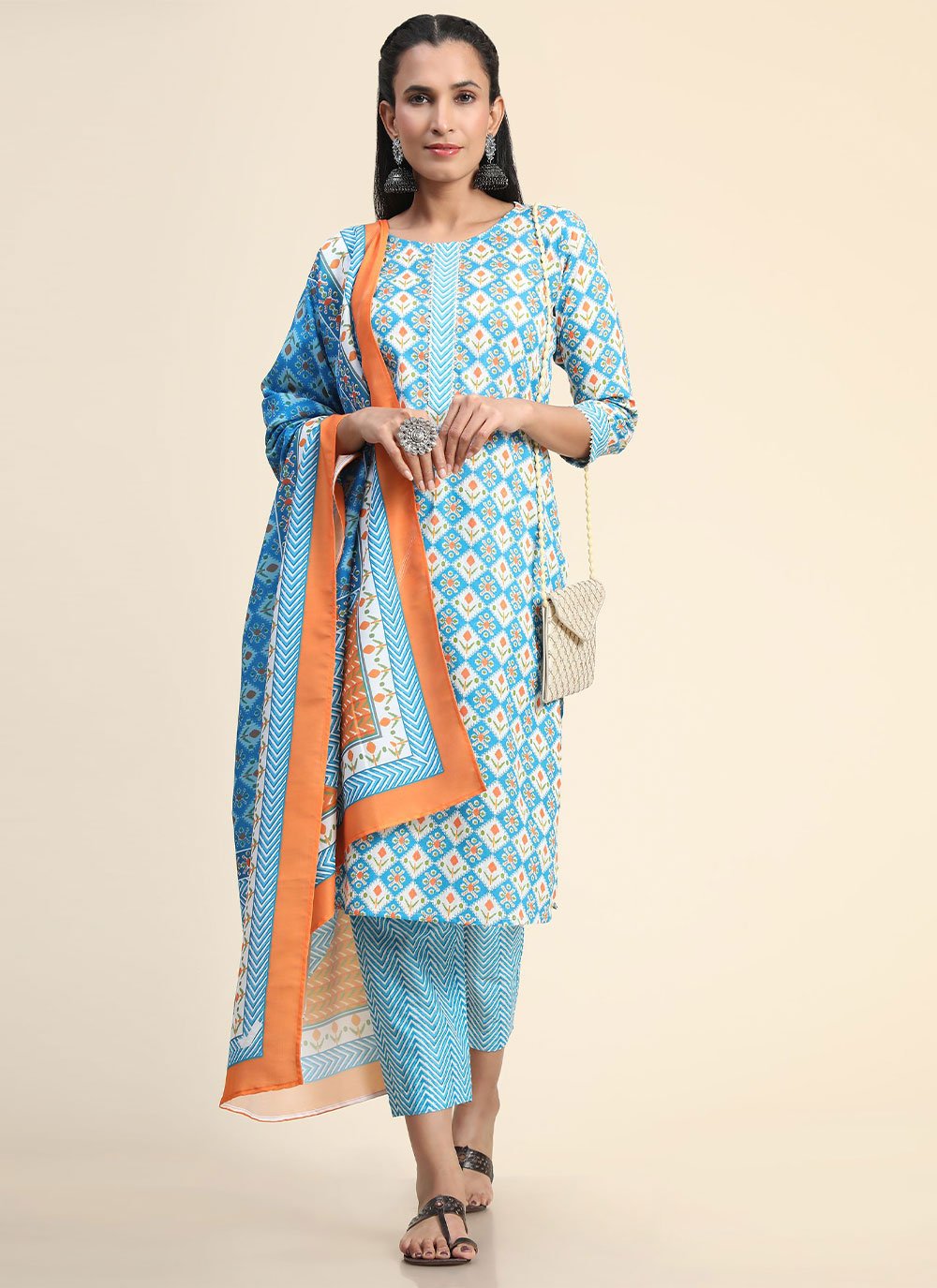 Pant Style Suit Cotton Aqua Blue Print Salwar Kameez