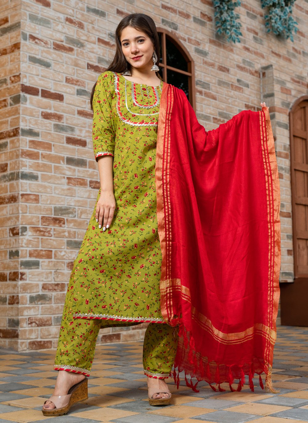 Pant Style Suit Cotton Green Lace Salwar Kameez