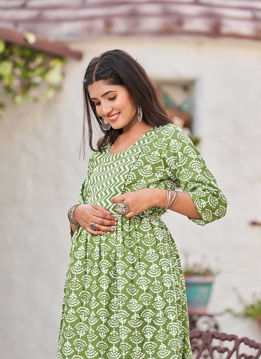 Party Wear Kurti Cotton Green Print Kurtis