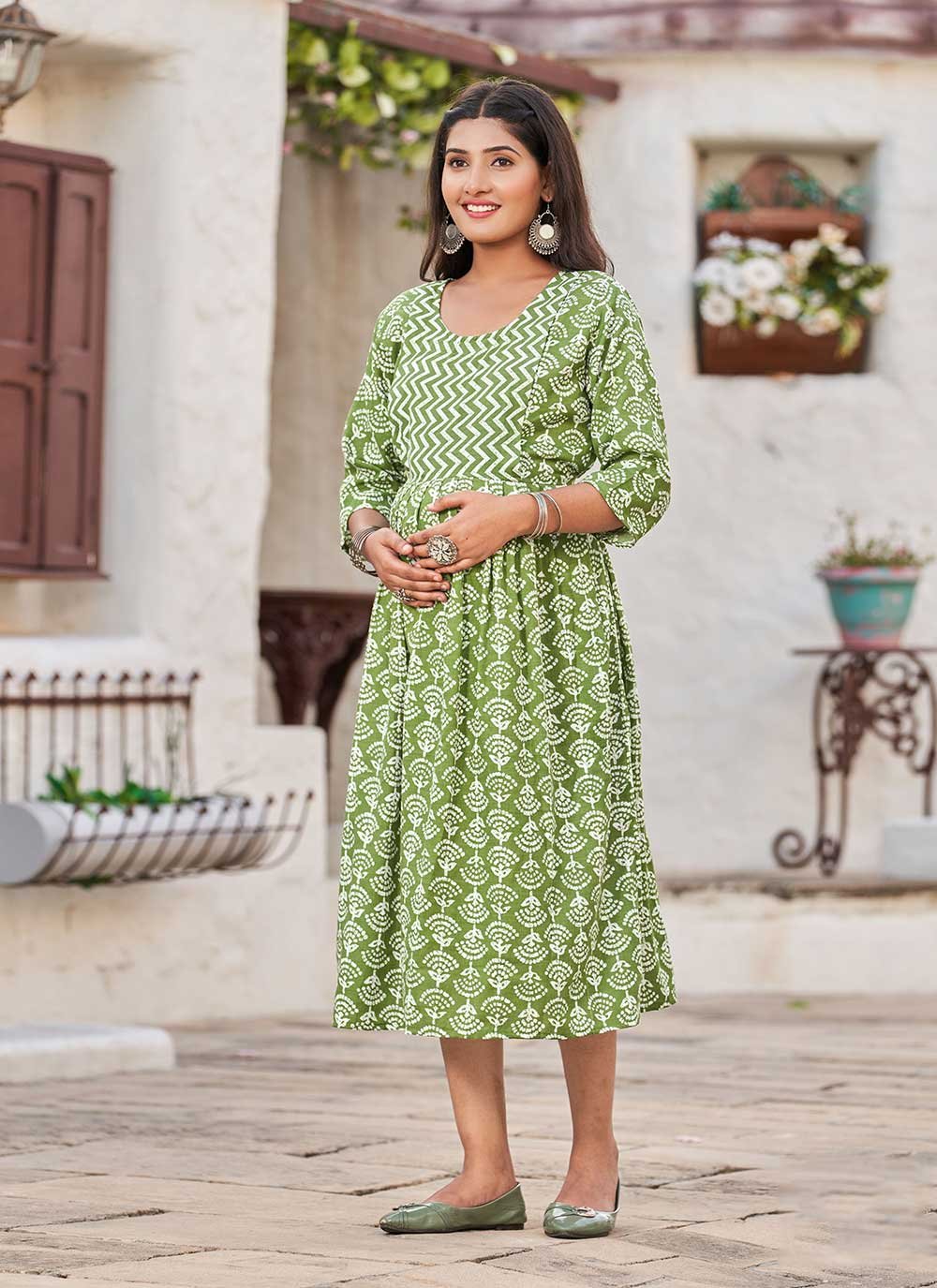 Party Wear Kurti Cotton Green Print Kurtis