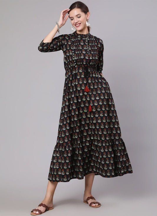 Party Wear Kurti Cotton Black Print Kurtis