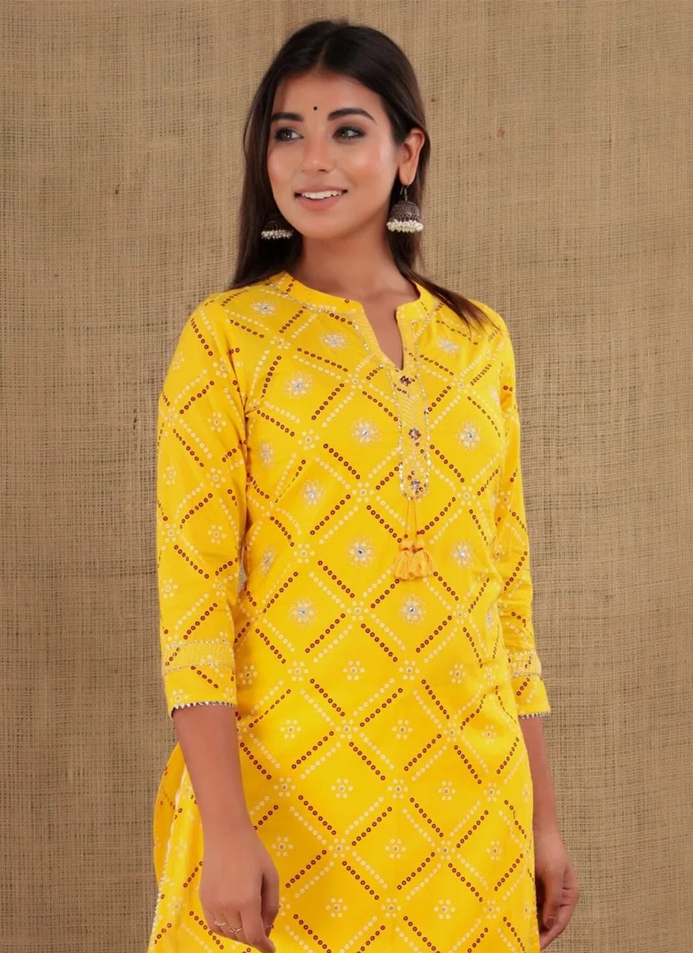 Party Wear Kurti Cotton Yellow Print Kurtis