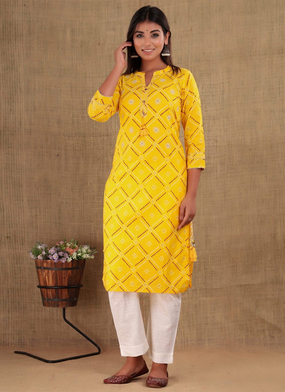 Party Wear Kurti Cotton Yellow Print Kurtis