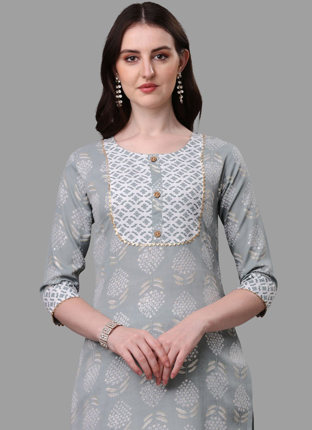 Party Wear Kurti Cotton Grey Print Kurtis