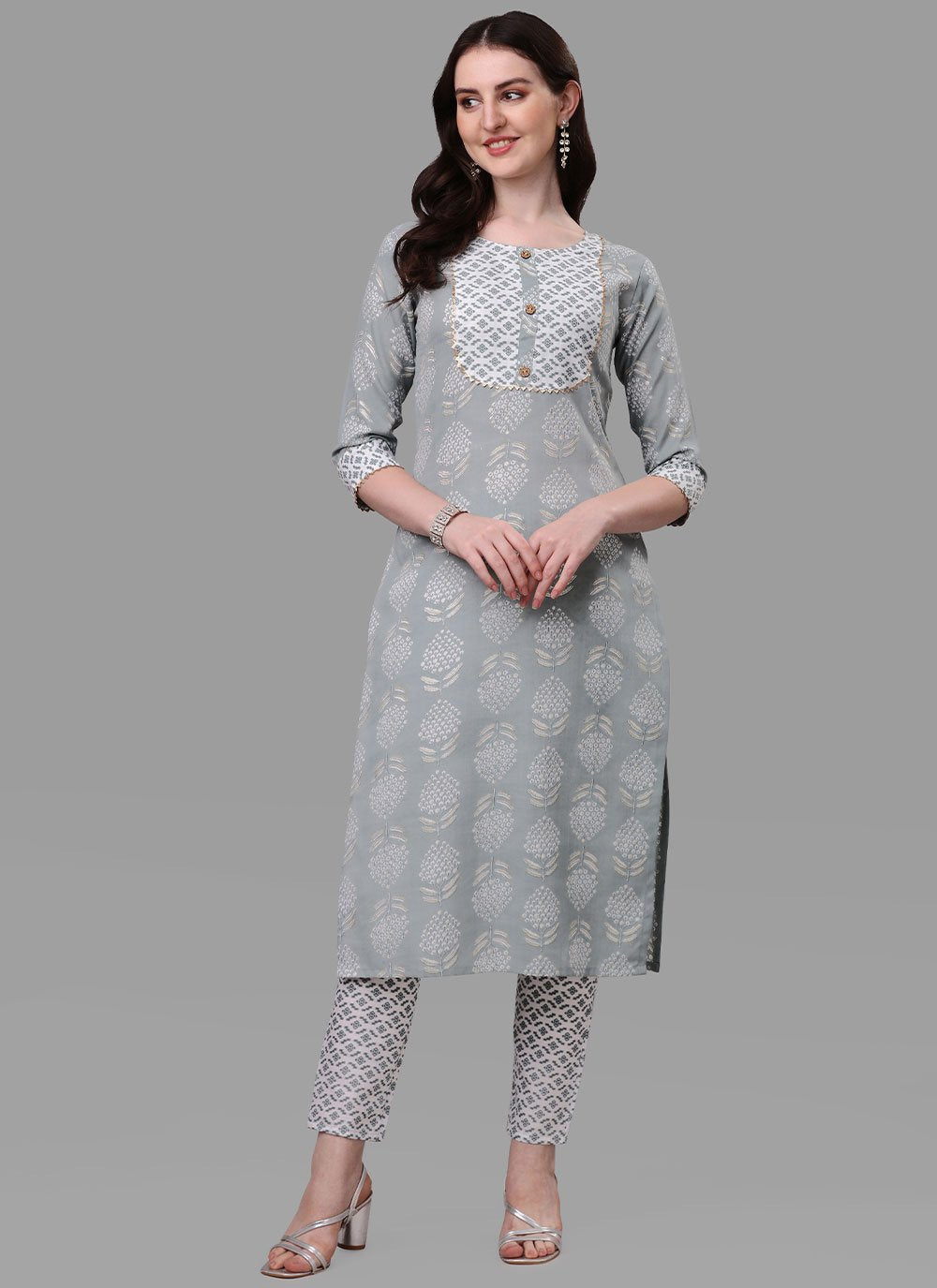 Party Wear Kurti Cotton Grey Print Kurtis