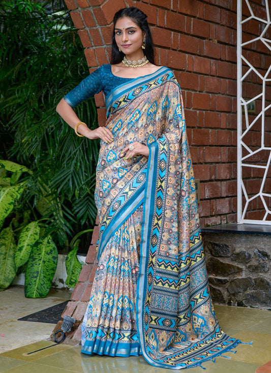 Classic Cotton Silk Firozi Print Saree