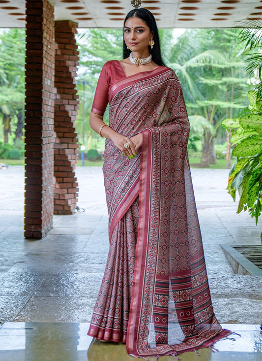 Trendy Saree Cotton Silk Maroon Print Saree