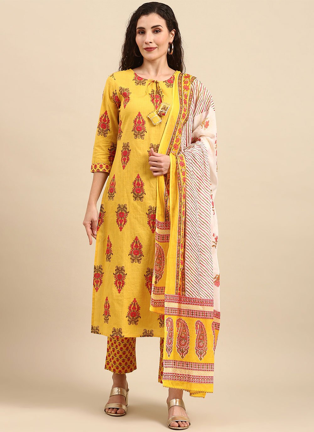 Straight Salwar Suit Cotton Mustard Print Salwar Kameez