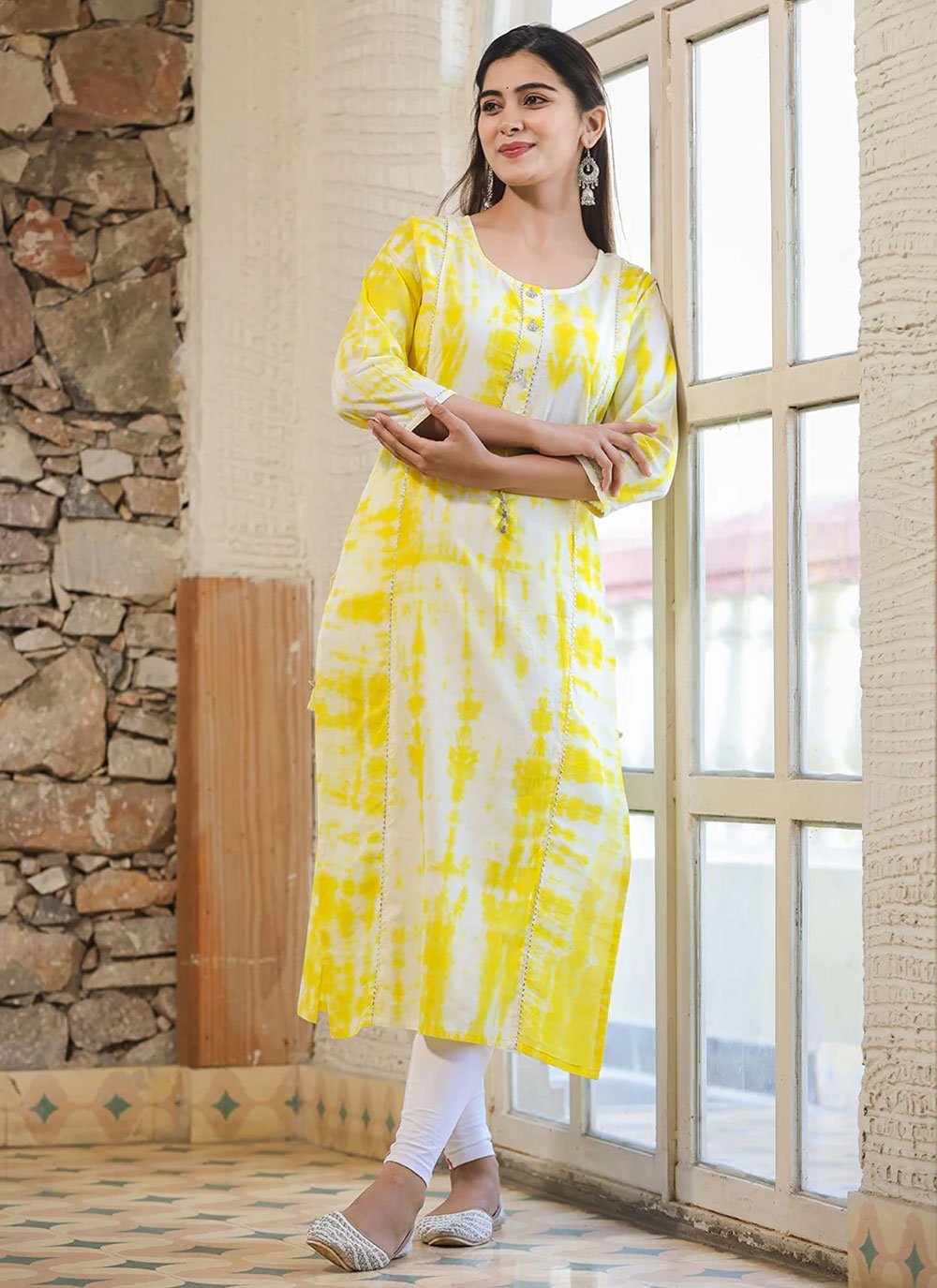 Casual Kurti Cotton Yellow Print Kurtis