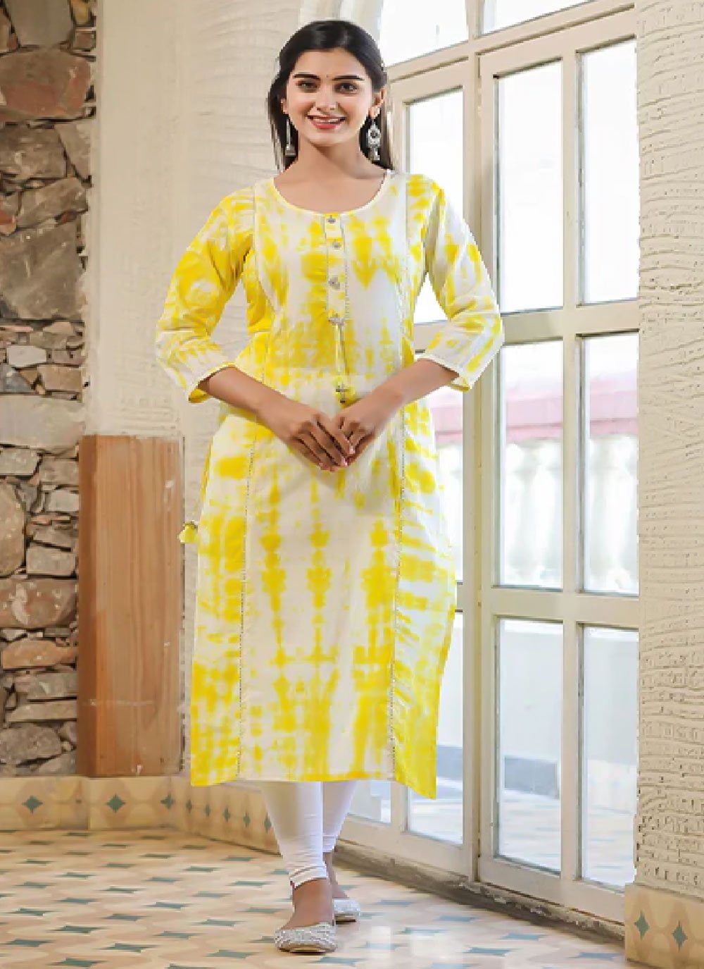 Casual Kurti Cotton Yellow Print Kurtis