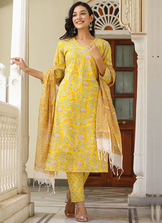 Salwar Suit Cotton Yellow Print Salwar Kameez