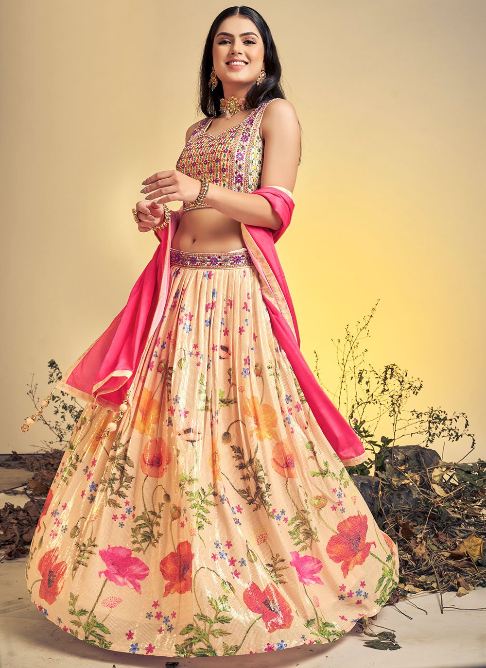 A Line Lehenga Chinon Silk Cream Print Lehenga Choli