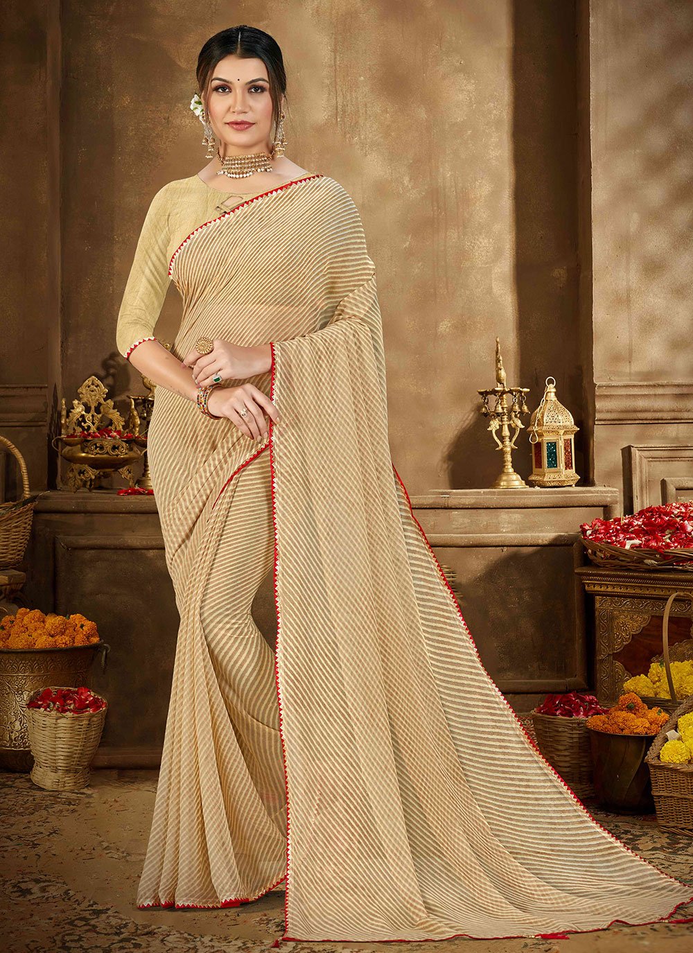 Casual Georgette Cream Print Saree