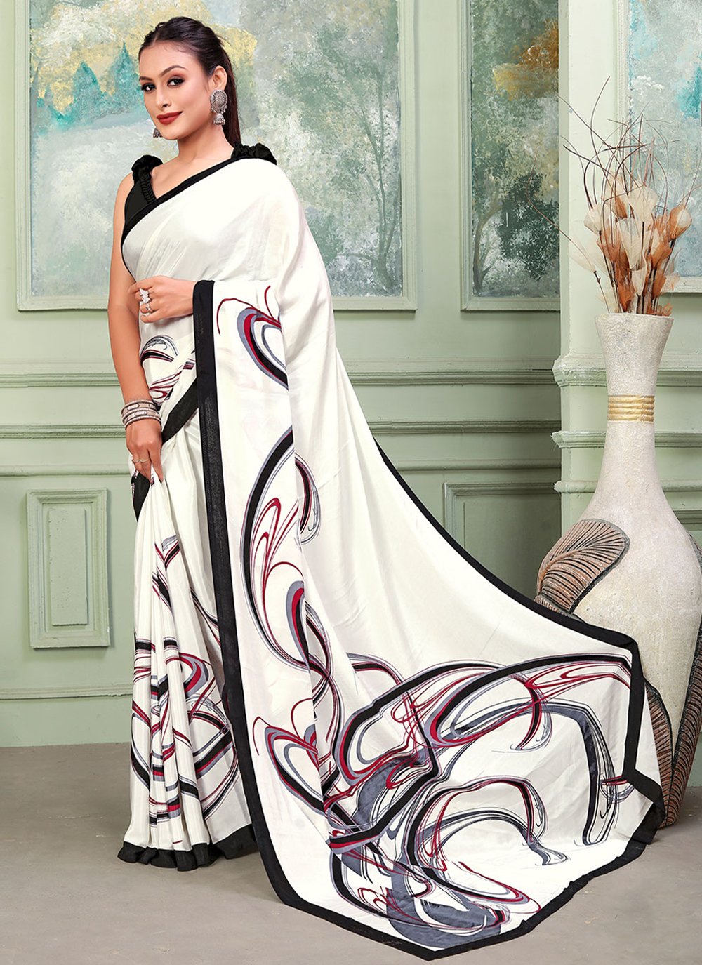 Trendy Saree Crepe Silk White Print Saree