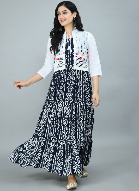 Designer Gown Rayon Blue Print Gown