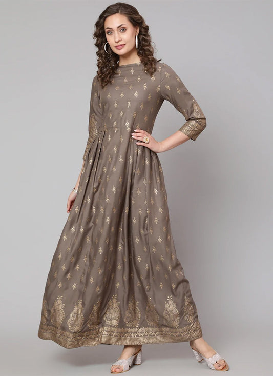 Designer Kurti Rayon Viscose Grey Print Kurtis