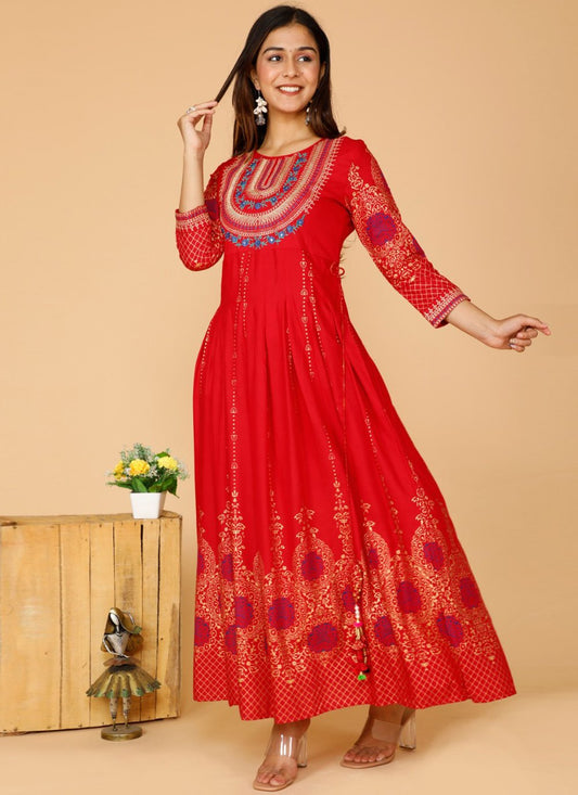 Designer Kurti Rayon Red Print Kurtis