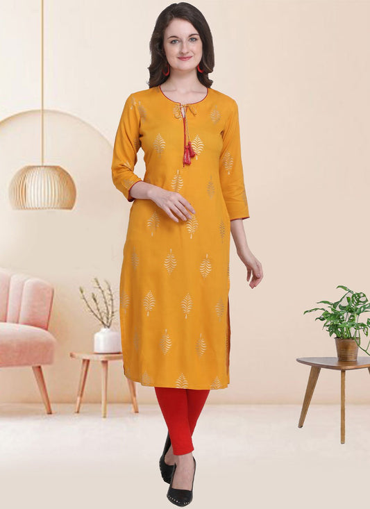 Designer Kurti Rayon Orange Print Kurtis