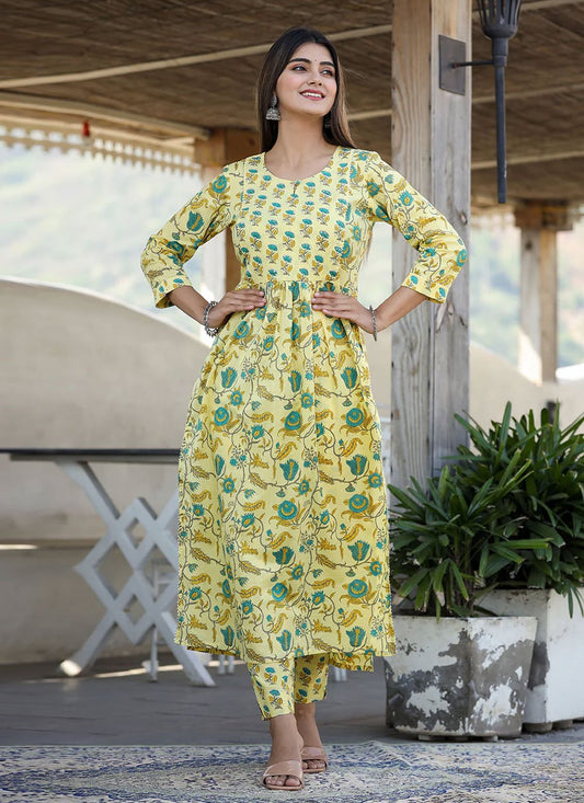 Designer Kurti Cotton Yellow Print Kurtis