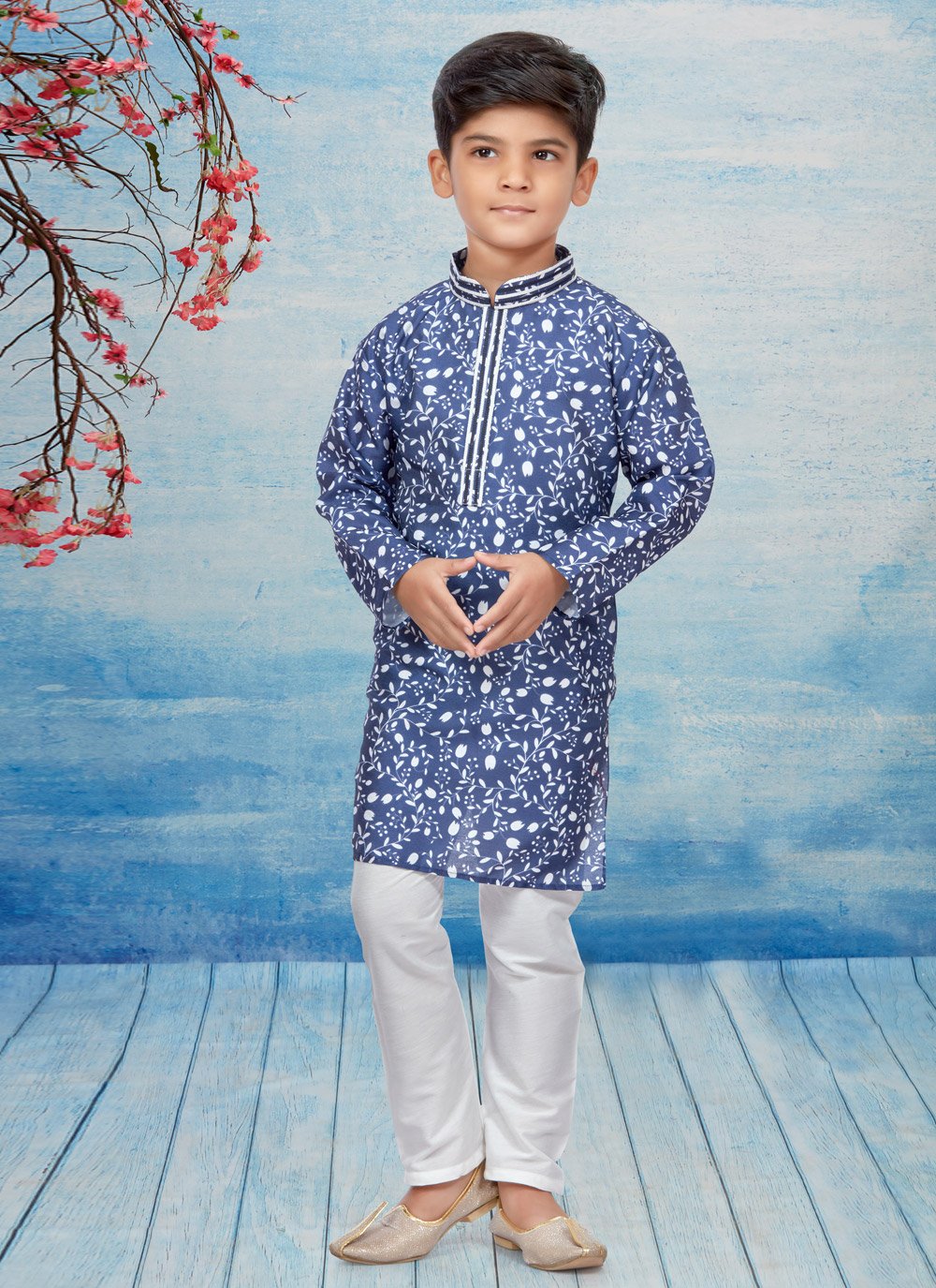 Kurta Pyjama Dupion Silk Blue Print Kids