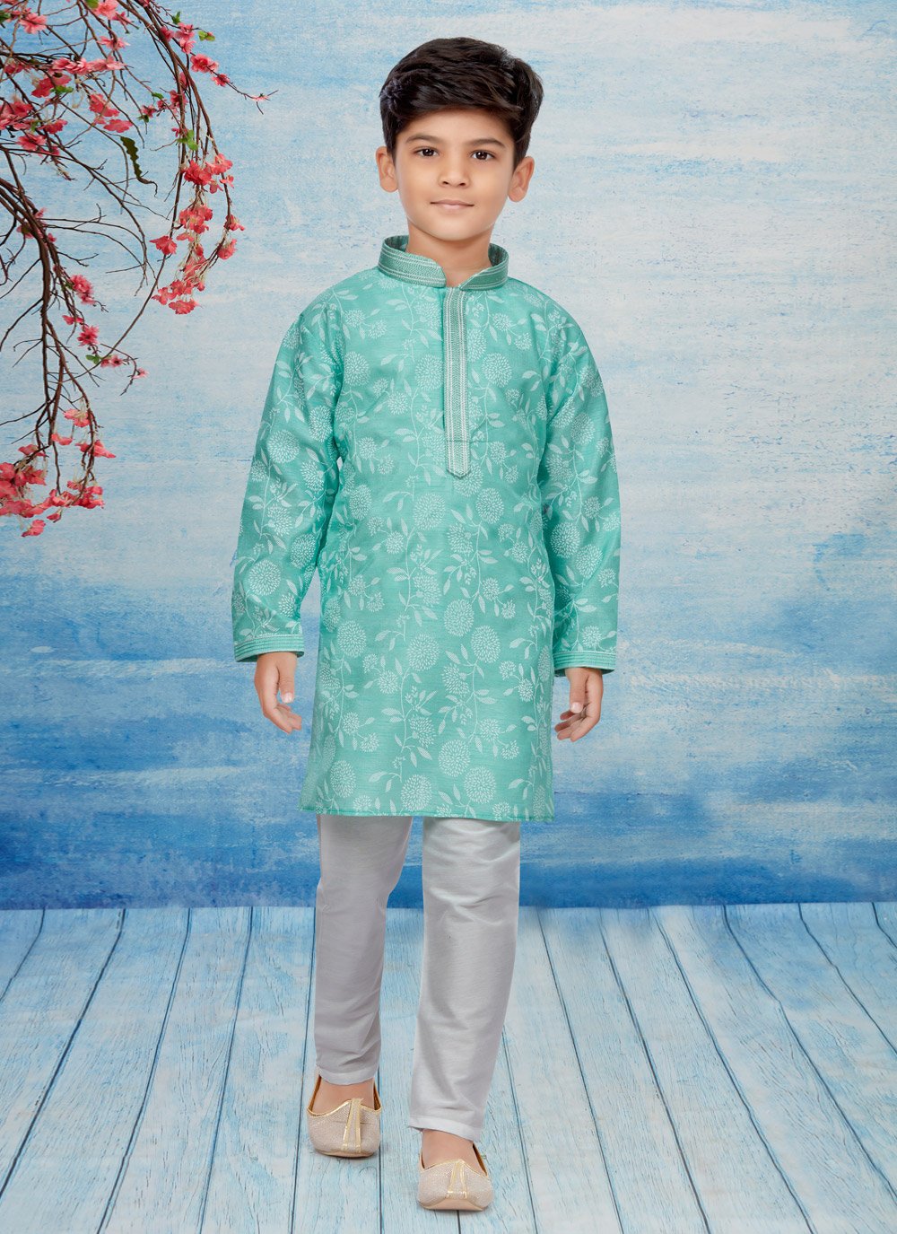 Kurta Pyjama Dupion Silk Firozi Print Kids