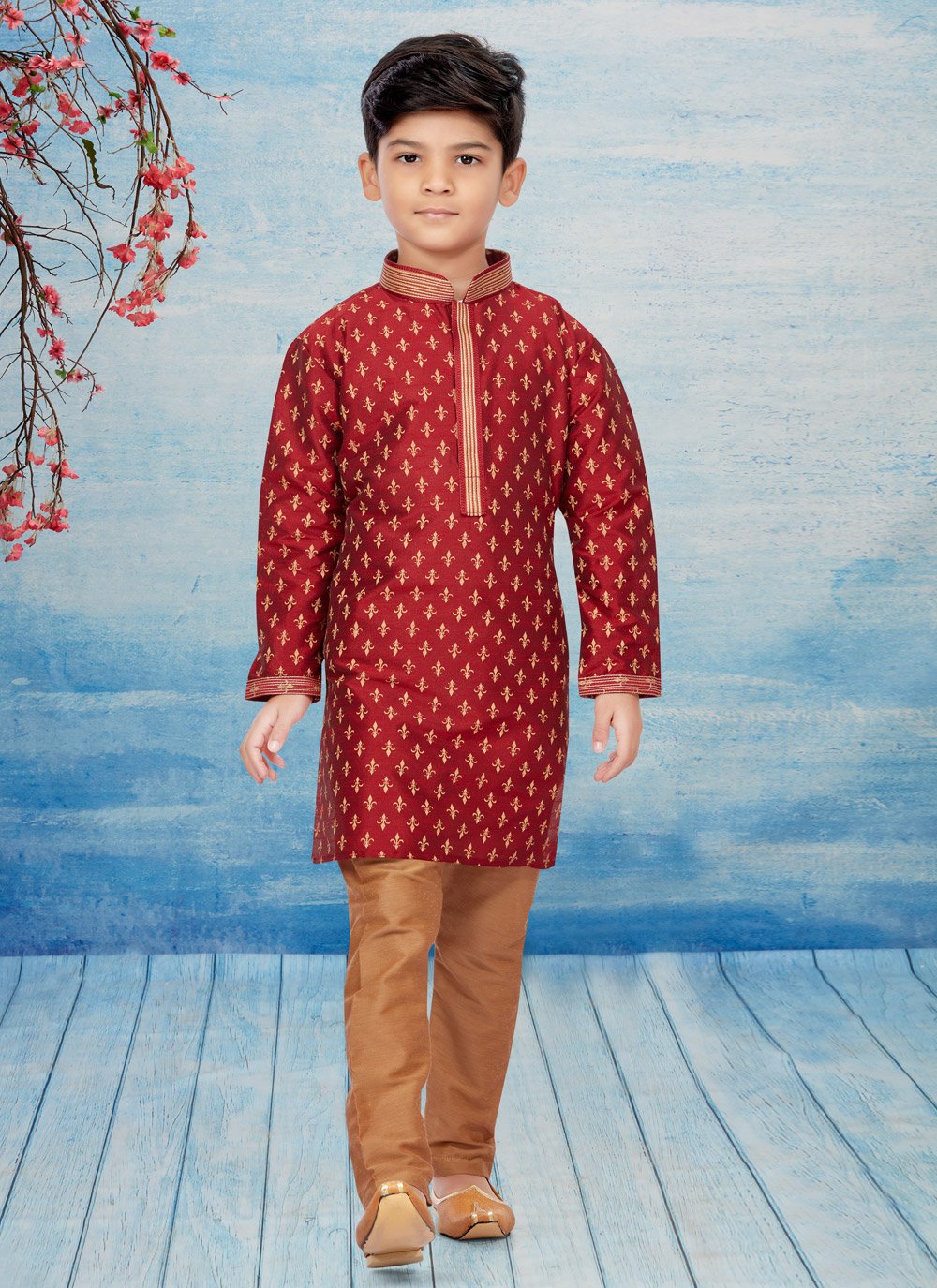 Kurta Pyjama Dupion Silk Maroon Print Kids