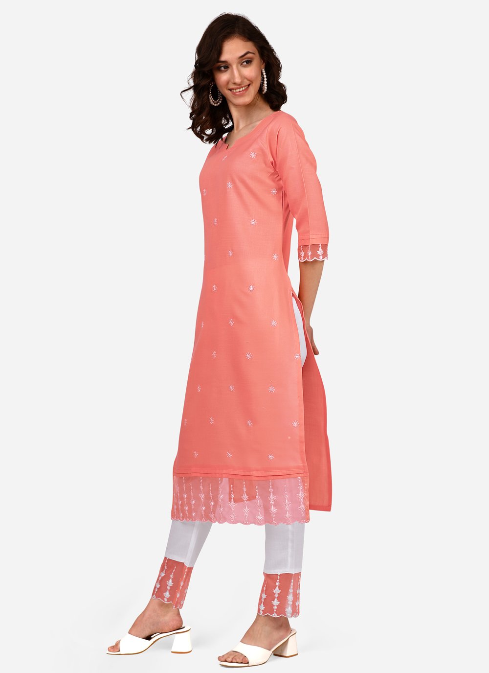 Pant Style Suit Blended Cotton Peach Embroidered Salwar Kameez
