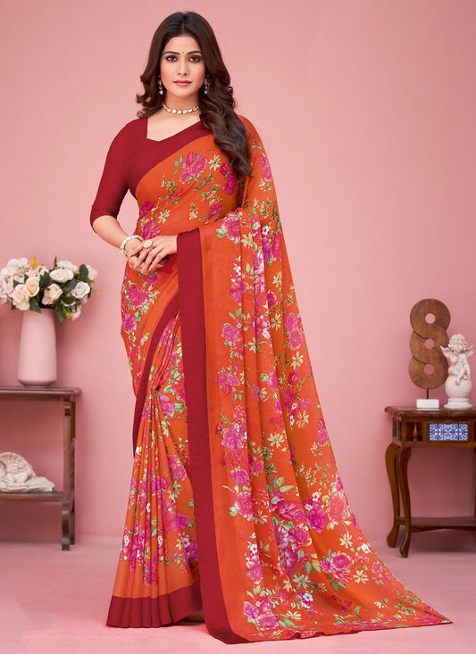 Contemporary Faux Chiffon Red Print Saree